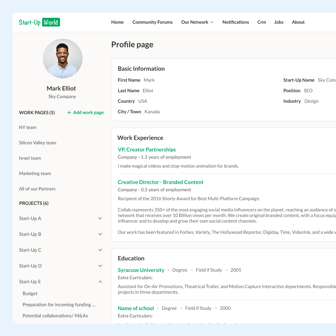 Profile page